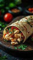 Delicious chicken wrap filled with fresh vegetables and herbs served on a wooden board in a rustic setting photo