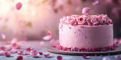 Beautiful pink cake decorated with rose petals and frosting in a soft light setting, ideal for celebrations photo