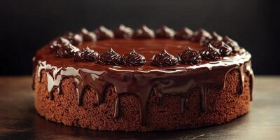 Delicious chocolate cake topped with rich frosting awaits dessert lovers in a cozy setting photo