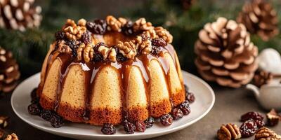 Delicious bundt cake topped with nuts and raisins displayed on a festive table with pinecones photo