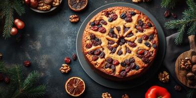 Traditional fruitcake displayed on a dark surface with nuts, dried fruits, and pine branches during the holiday season photo