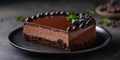 Decadent chocolate mousse cake with blueberries and mint leaves displayed on a dark plate photo