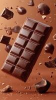Rich chocolate bar soaring through the air with chocolate pieces scattered around in a warm background setting photo