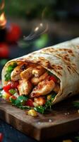 Delicious grilled chicken wrap filled with fresh vegetables served on a wooden board photo