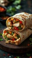 Delicious chicken wraps with fresh vegetables served on a wooden board in a cozy setting photo