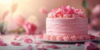 Elegant pink cake decorated with rose petals on a table during a celebration in soft lighting photo