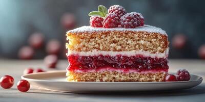 Delicious layered cake with raspberry filling and frosting displayed on a plate photo