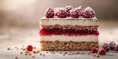 Delicious raspberry layered dessert served on wooden table with a soft focus in the background photo