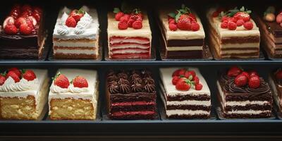 Delicious assorted pastries with fresh strawberries displayed in a bakery showcase in the afternoon photo