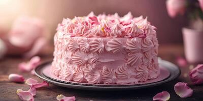 Delicate pink cake adorned with rose petals on a wooden table in a softly lit room photo