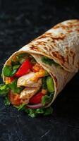 Freshly made chicken wrap with colorful vegetables enjoyed in a casual dining setting photo