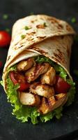Delicious grilled chicken wrap with fresh vegetables, perfect for a quick and healthy meal option photo