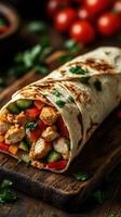 Delicious chicken wrap loaded with fresh vegetables on a wooden surface with cherry tomatoes in the background photo