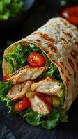 Fresh grilled chicken wrap with lettuce and tomatoes on a dark surface during a casual dining experience photo