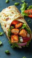 Freshly made wrap with grilled chicken and vegetables prepared in a kitchen setting photo