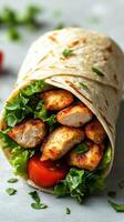 Grilled chicken wrap filled with fresh lettuce and tomatoes in a soft tortilla photo