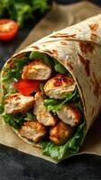 Delicious grilled chicken wrap with fresh vegetables, perfect for a healthy lunch option photo