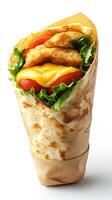 Delicious wrap filled with crispy chicken, fresh vegetables, and melted cheese on a white background photo