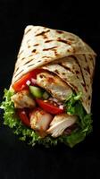 Freshly made grilled chicken wrap filled with vibrant vegetables and crisp lettuce photo