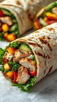 Fresh grilled chicken wraps filled with colorful vegetables in a cozy kitchen setting photo