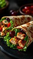 Grilled chicken wraps filled with fresh ingredients and served on a dark table setting photo