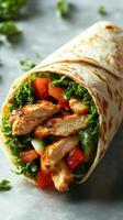 Delicious grilled chicken wrap filled with fresh vegetables and greens prepared for a satisfying meal photo