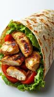 Grilled chicken wrap with fresh vegetables and tortilla served on a clean surface photo