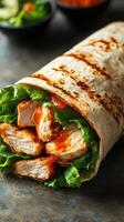 Freshly grilled chicken wrap with crisp lettuce and spicy sauce served on a warm tortilla photo