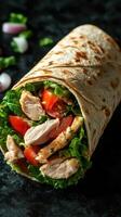 Fresh chicken wrap prepared with vegetables, ideal for a healthy meal option during lunch hours photo