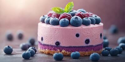 Delicious berry mousse cake topped with fresh raspberries and blueberries at a bakery photo
