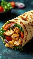Freshly made chicken wrap filled with vegetables served on a dark background photo
