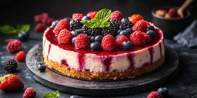 Delicious berry cheesecake topped with fresh raspberries, blueberries, and blackberries on a dark background photo
