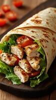 Fresh grilled chicken wrap with crisp lettuce and tomatoes on a wooden board photo