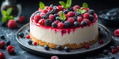 Delicious berry cheesecake topped with fresh raspberries and blackberries on a dark textured surface photo