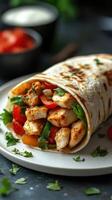 Delicious chicken wrap filled with fresh vegetables and herbs served on a plate photo