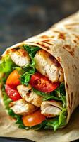 Delicious grilled chicken wrap with fresh vegetables and warm tortilla served on a rustic surface photo