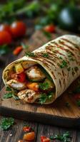 Grilled chicken wrap with fresh vegetables served on a wooden board photo