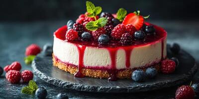 Delicious berry cheesecake topped with fresh fruits and sauce on a dark slate plate photo