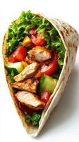 Delicious chicken wrap filled with fresh vegetables, served in a soft tortilla for a healthy meal option photo