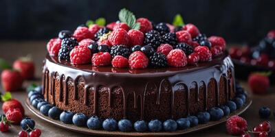 Chocolate raspberry cake adorned with fresh berries on a dark table background photo