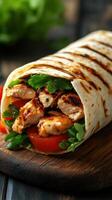 Grilled chicken wrap with fresh vegetables served on a wooden board photo