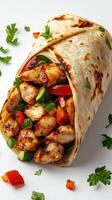 Grilled chicken wrap filled with fresh vegetables and herbs prepared in a clean kitchen photo