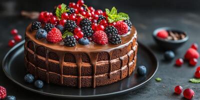 Delicious chocolate cake topped with fresh berries and mint leaves in a stylish presentation photo