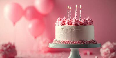 Delicate pink birthday cake with candles and balloons celebrating a joyful occasion photo