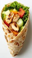 Delicious grilled chicken wrap filled with fresh vegetables and greens ready to eat photo