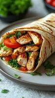 Delicious chicken wrap prepared with fresh vegetables in a cozy kitchen setting photo