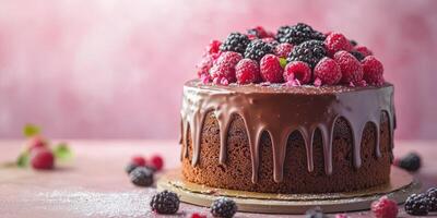 Delicious chocolate cake topped with fresh blackberries and raspberries in a bright setting photo