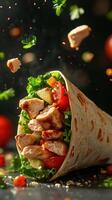 Delicious chicken wrap filled with fresh vegetables and herbs served on a dark background photo