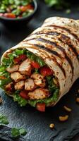 Grilled chicken wrap filled with fresh vegetables presented on a dark stone surface photo