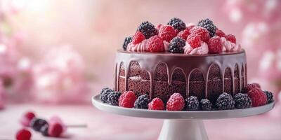 Delightful chocolate cake topped with fresh raspberries and blackberries served on a white pedestal with a pastel background photo